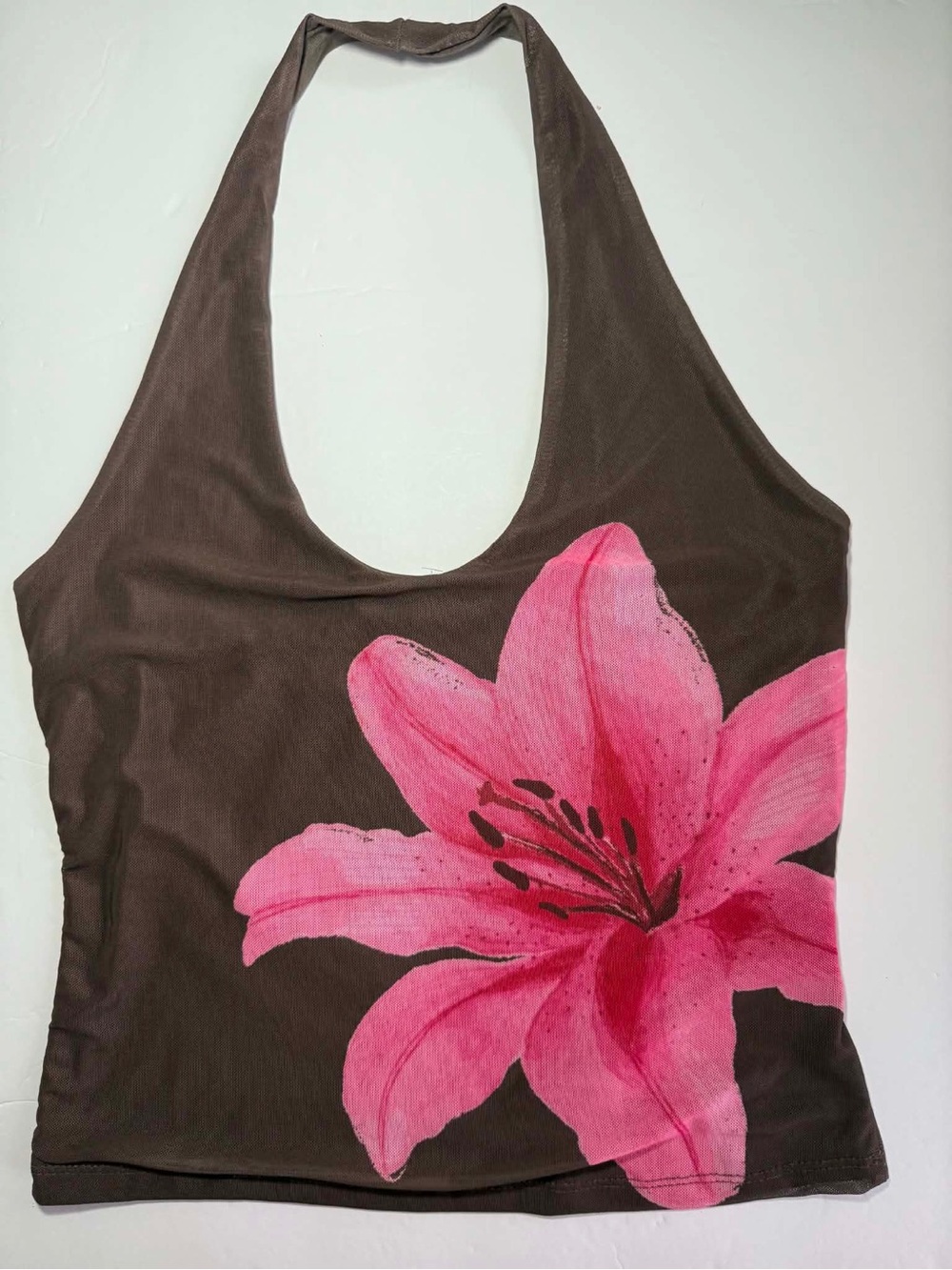 Pink Rose Brown Mesh Floral Halter Top - Size M - Y2K Fairy Grunge - NWT